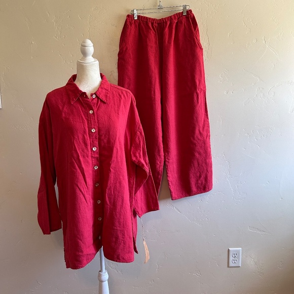 Homefrocks !00% Linen Long Sleeve Button Tunic Shirt w/ Matching Pants Size L - Picture 1 of 15